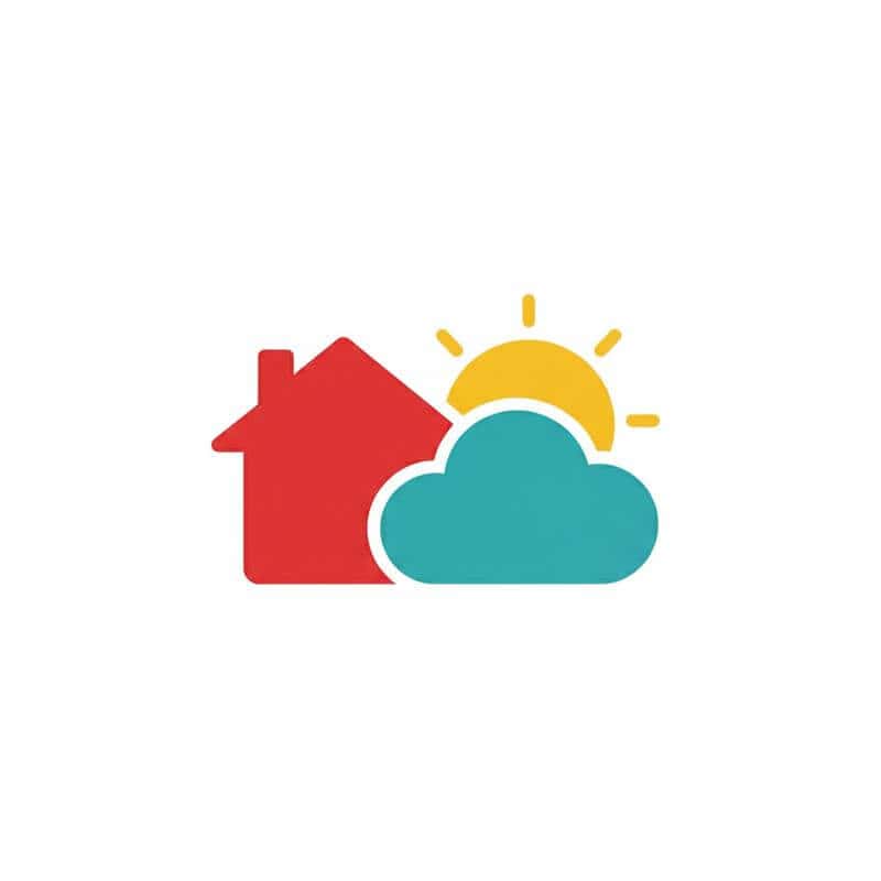 House, sun, and cloud icon illustration.