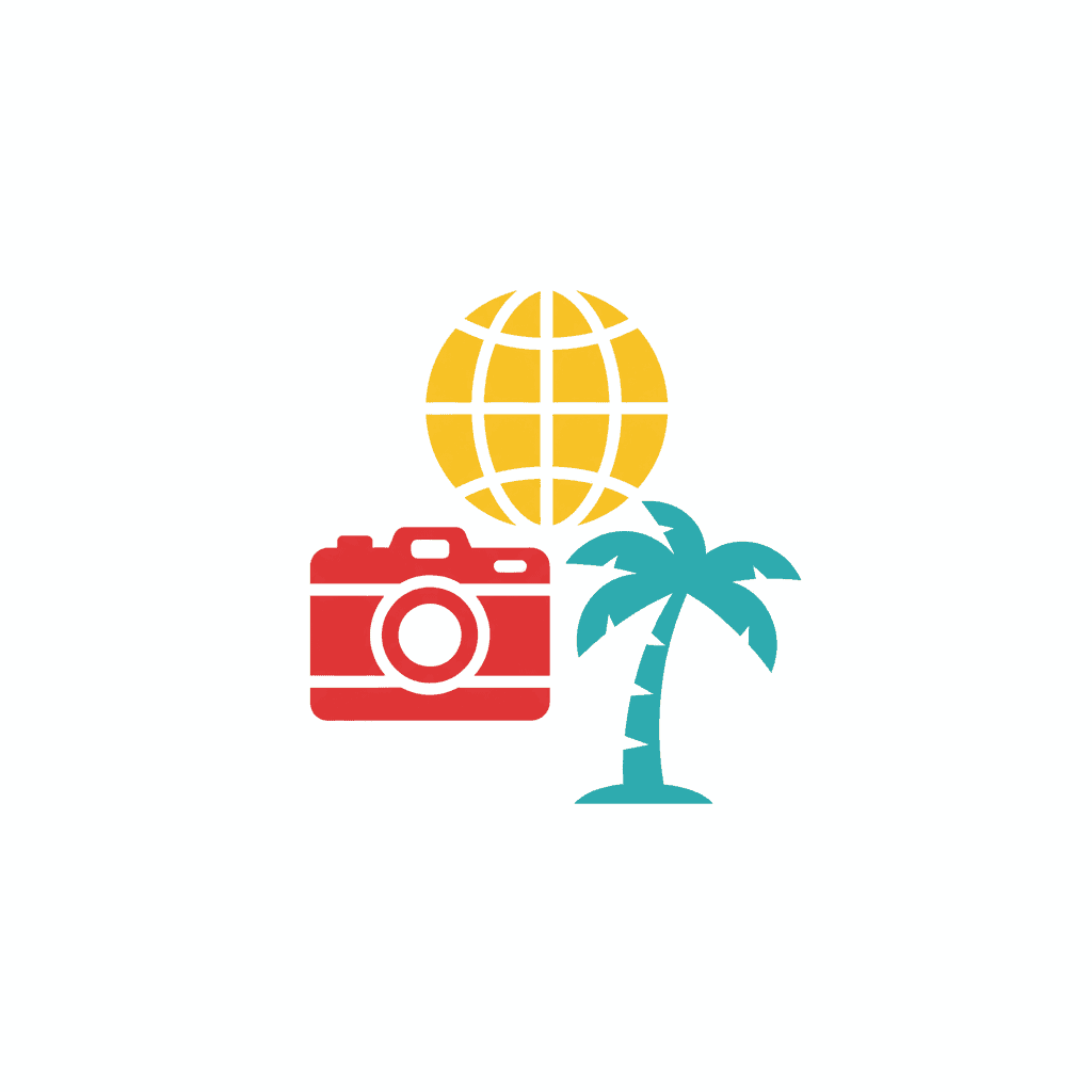 Travel icons: globe, camera, palm tree.