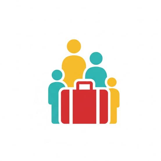 Colorful family figures with red suitcase icon.